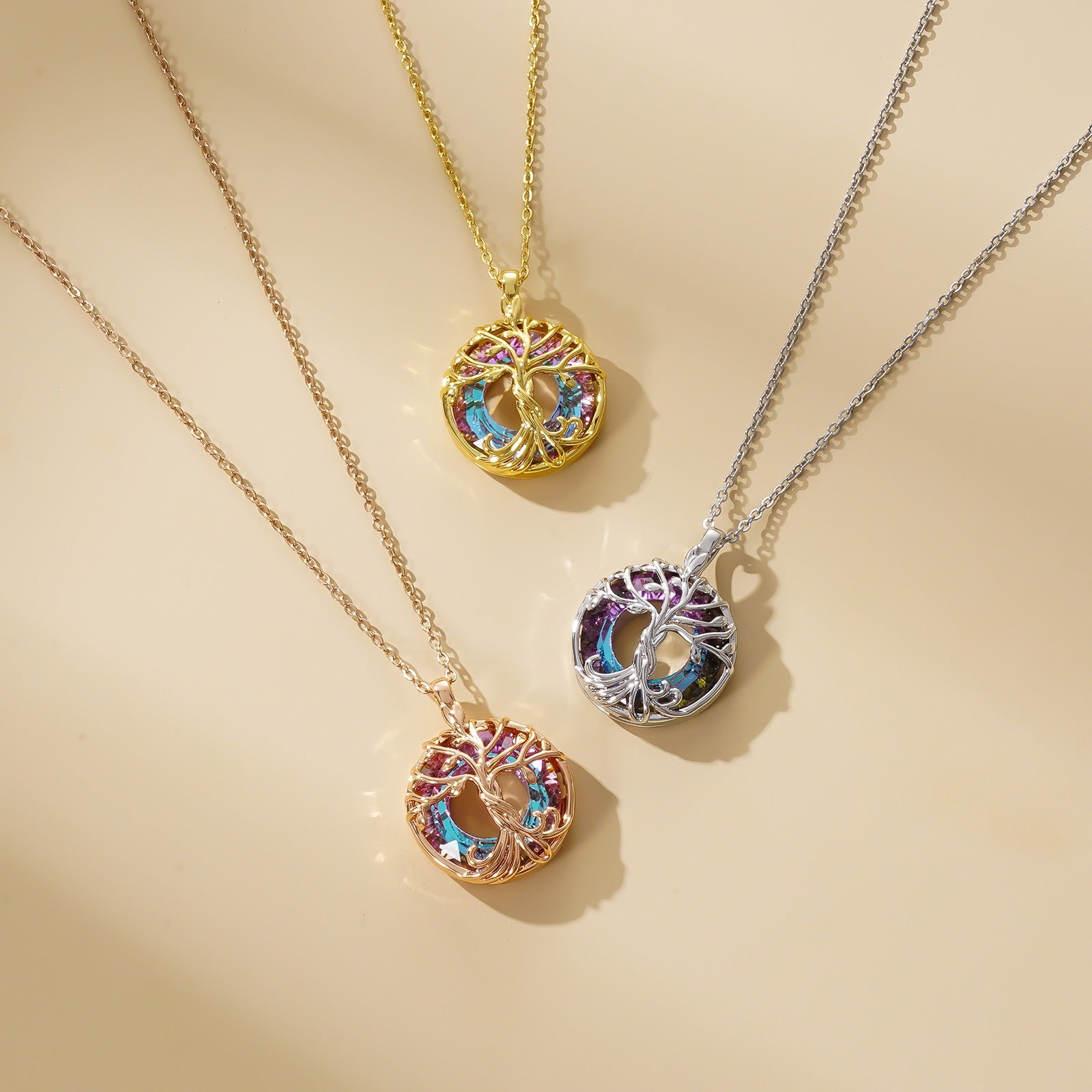 Wholesale Tree of Life Colored Crystal Round Necklace Collarbone Chain